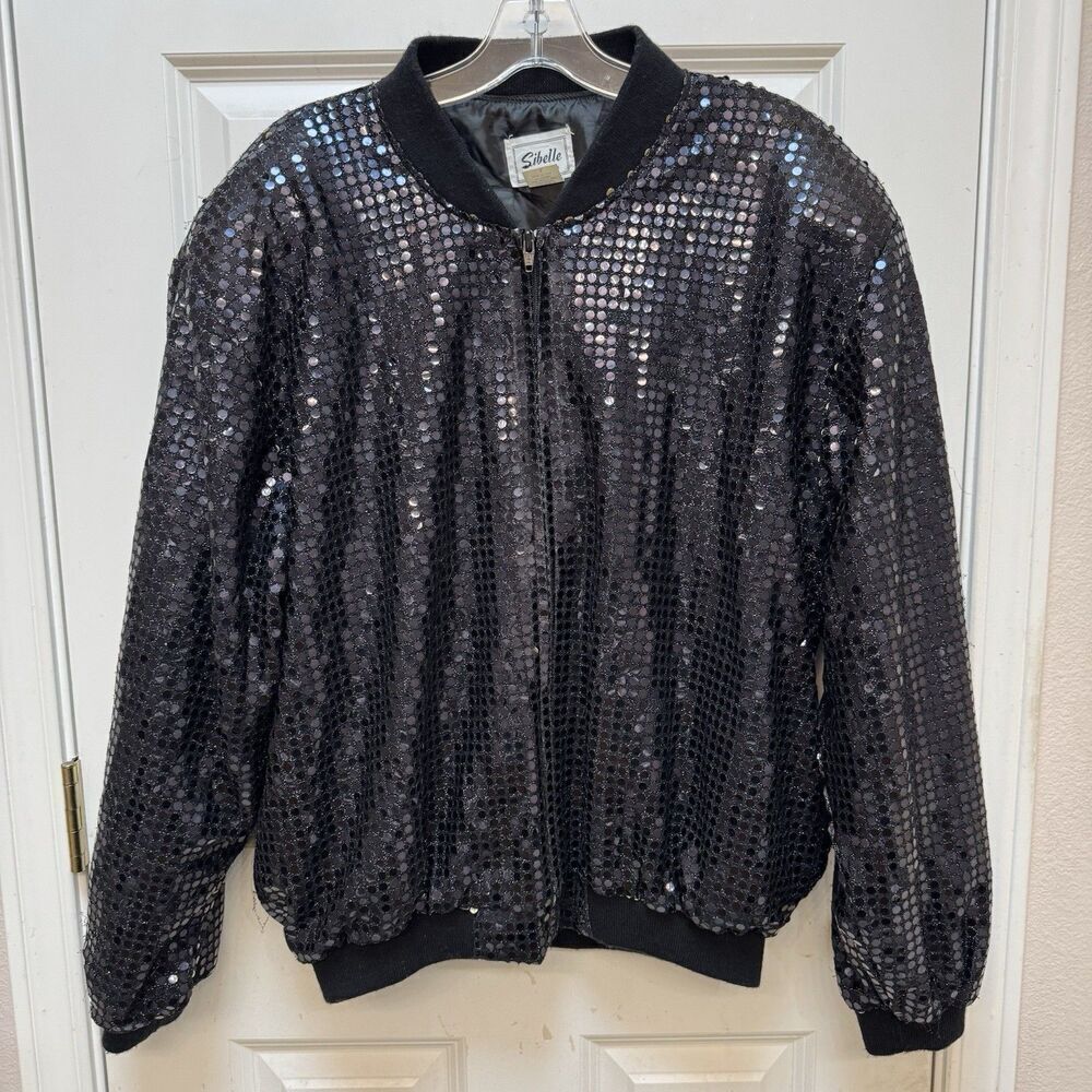 Vtg Sibelle Of California Black Sequin Retro Coat Jacket Womens Blazer Size L